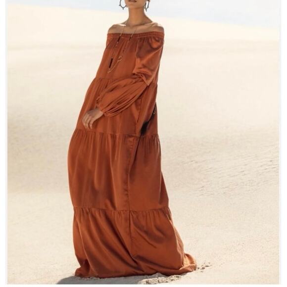 Diarrablu Kudi Dress Women's Small Rust Long Sleeve Off Shoulder Tiered Maxi NWT - Picture 1 of 11